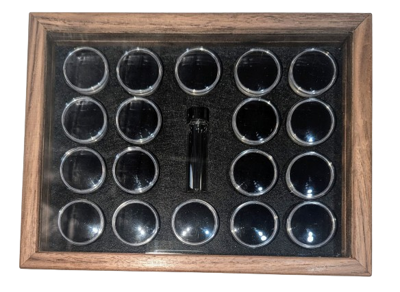 Sharon's Wooden Gold Display Box - 18 Pods 1 Vials