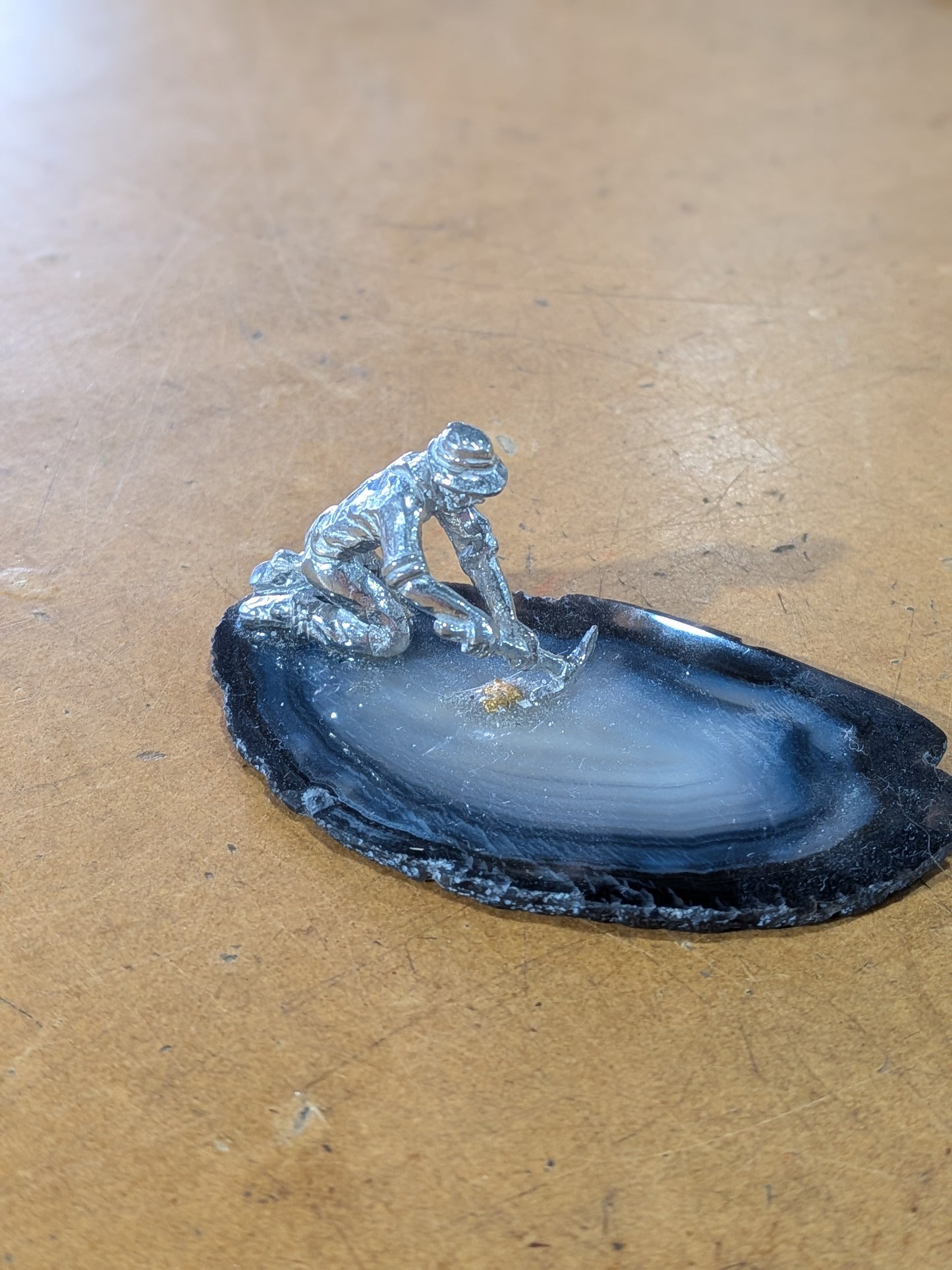 Pewter Miner on Agate w/ Gold Nugget