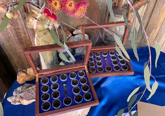 Sharon's Wooden Gold Display Box - 18 Pods 1 Vials