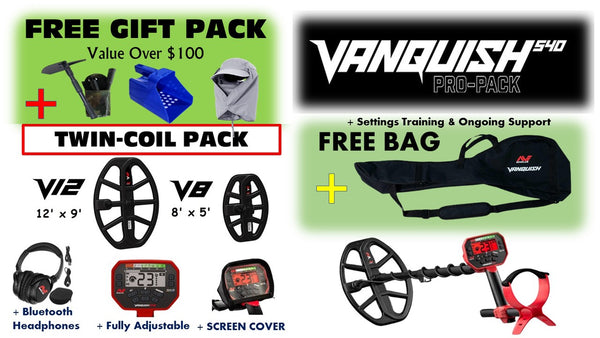 Minelab Vanquish 540 Pro Pack Multi IQ with 8inch DD Smart Coil and 12inch DD Smart Coil Minelab